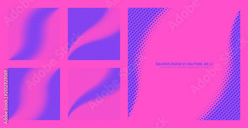 Assorted vector squares zigzag grid hot pink blue halftone pattern set in square 1:1 aspect ratio including curved frame and various diagonal twisted textures. Half tone graphical design elements