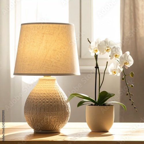 A textured ceramic table lamp and a potted orchid bask in gentle window light