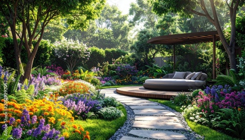 Lush, colorful garden with winding path, sun-drenched foliage, and covered outdoor seating