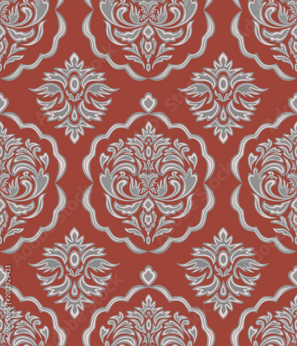 Damask seamless pattern with flowers red background, vintage and luxury, vector illustration elegant for textile, wall paper, bedding, rug, curtains, cushion cover, upholstery fabric, Baroque Style,