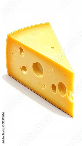 A wedge of yellow cheese with holes against a white background