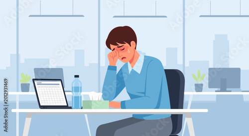Depressed Worker Feeling the Strain in Office, Health Challenges, Eyes Glazed With Fatigue