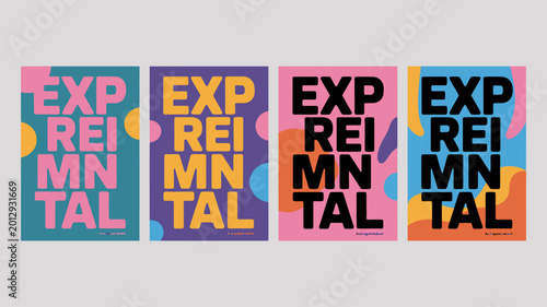 Fotografie Four vibrant experimental posters with bold typography and abstract colorful bac
