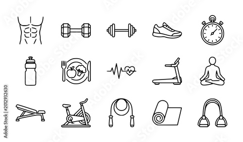 Φωτογραφία Gym and fitness line icon set with abs dumbbell healthy food and editable stroke