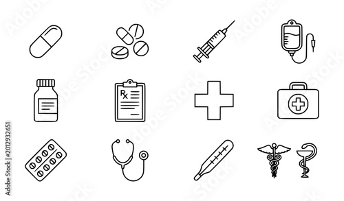 Canvastavla Pharmacy line icon set with capsule injection infusion and editable stroke vecto