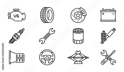 Foto Car repair and spare parts line icon set with engine tire battery and editable s