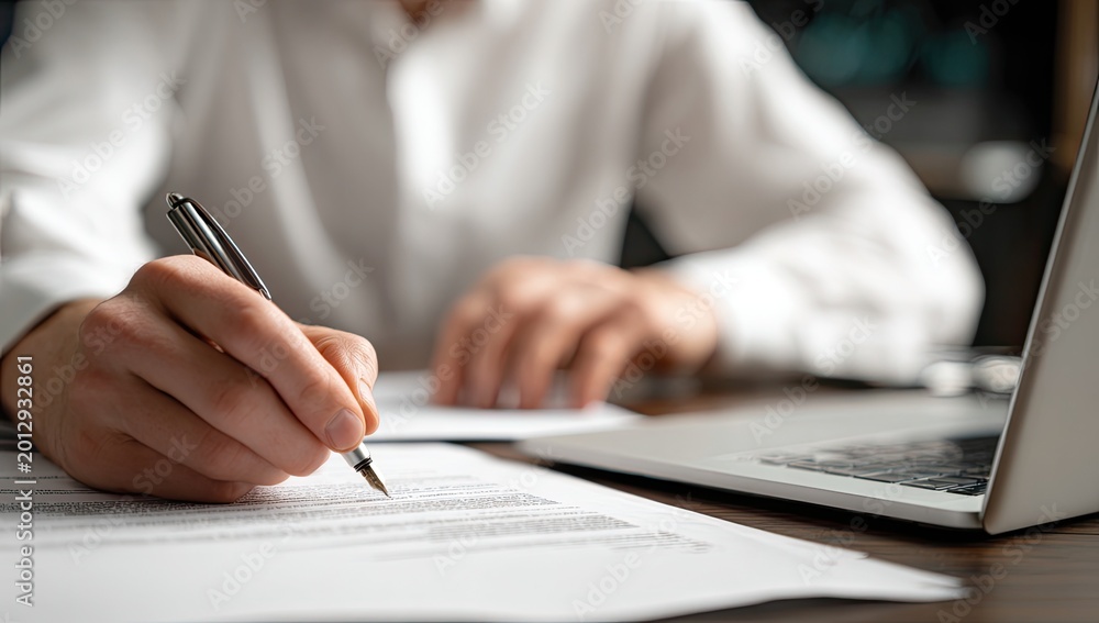 Fototapeta premium Man's hand writing with pen on document with laptop in background during office work