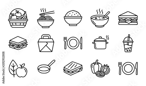 Obraz na plátně Meal line icon set with fruit basket noodles dining food and editable stroke vec
