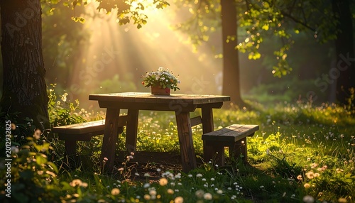 Sunbeams illuminate a wooden picnic table and benches surrounded by lush foliage and wildflowers in a serene forest