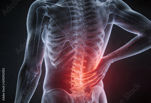 Backview of person's skeleton with lower back pain highlighted inflammation ache bvoday anatomy nerve sciatica health dult medicine.