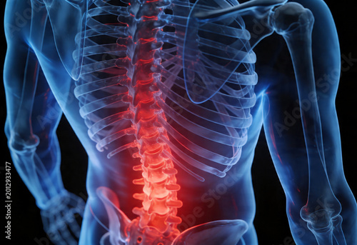 Close up of man suffering from intense lower back pain and inflammation of spine anatomy in medical concept.