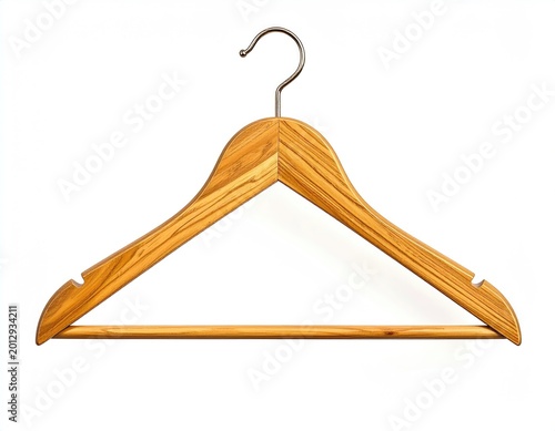 A wooden coat hanger with a metal hook on a white background