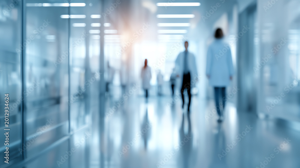 Fototapeta premium Blurred corridor scene in a hospital, depicting healthcare professionals walking, symbolizing teamwork and care.