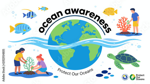 Quadro su tela An illustration promoting ocean awareness and protection, featuring a globe, diverse marine life, and people engaged in environmental conservation efforts