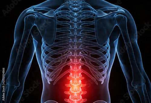 Digital illustration of human anatomy showing lower back pain inflammation and ache in adult person's spine.