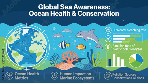 Foto An infographic illustrating global sea awareness, ocean health, and conservation, featuring marine life, a world map, and statistics on coral bleaching and plastic pollution