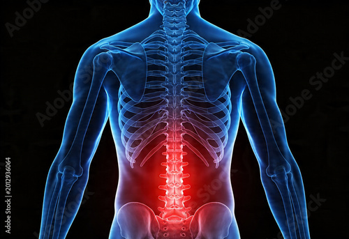 Digital illustration of human anatomy showing lower back pain inflammation and ache in adult person's spine.