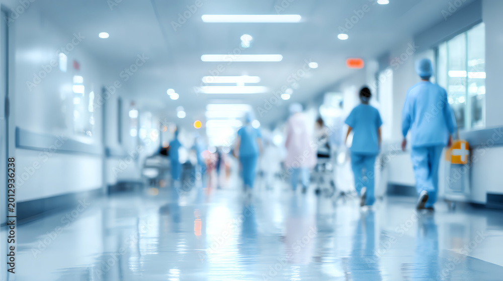Fototapeta premium Blurred view of a busy hospital corridor filled with healthcare professionals and patients on the move.