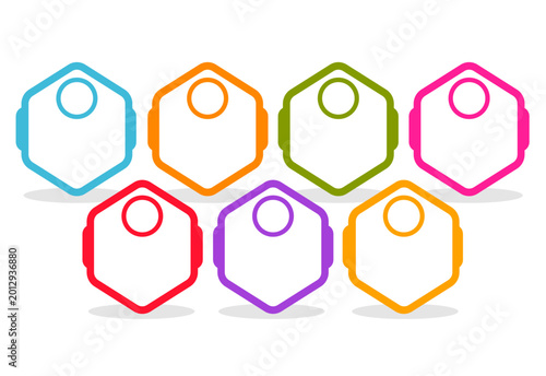 Infographic seven colorful hexagons with inner circles for business promotion elements.