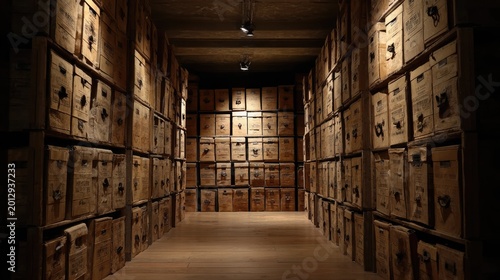 Dimly Lit Archive Room Filled with Cardboard Storage Boxes, Generative Ai