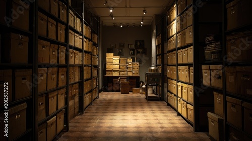 Dimly Lit Archive Room Filled with Cardboard Storage Boxes, Generative Ai