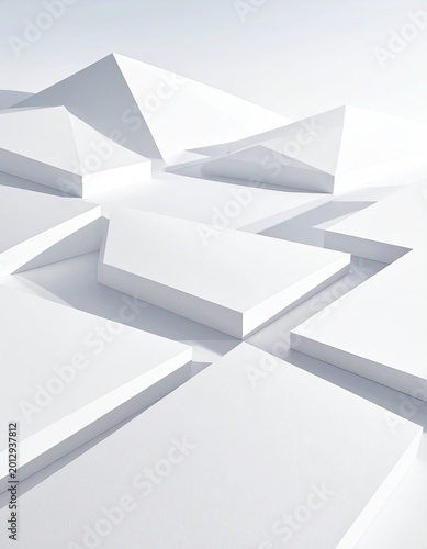 Abstract geometric forms with sharp angles on a bright white surface