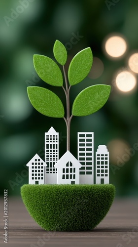 Eco-City: A stylized image showcasing a miniature city nestled within a vibrant green setting. The scene embodies the concept of sustainable urban development, environmental consciousness and growth.