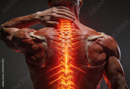Human anatomy backview with glowing spine showing pain and inflammation ache in lower back health, adult person suffering nerve pain.