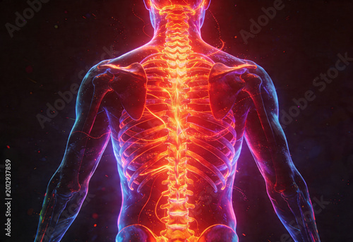 Glowing spine and back anatomy of person, body pain and inflammation, health ache nerve sciatica lower concern.