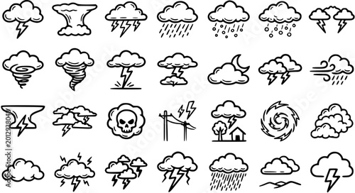 Φωτογραφία Weather, Climate, and Natural Disaster Hand-drawn Black and White Line Art Icons