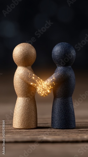 Handshake of Unity: A symbolic handshake between two figures, one gold and one black, interwoven with radiant light, embodying partnership and togetherness.