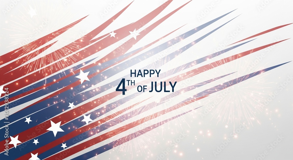 Obraz premium Happy 4th of July greeting with abstract American flag stripes, stars, and fireworks on a light background, patriotic celebration graphic design