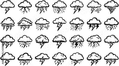 Foto Weather Icons Set: Black and White Line Art of Clouds with Lightning, Rain, and