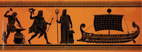 Foto Ancient Greek gods Hephaestus, Zeus and Hades with trireme ship