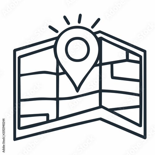Location map icon with pin pointer, navigation and travel concept, black and white vector illustration.