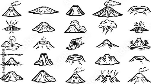 Obraz na płótnie Black and White Line Art Icons of Volcanoes, Showing Eruptions and Craters