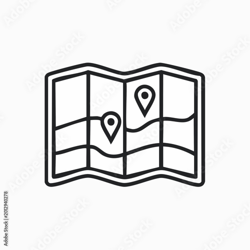 Outline vector icon of a folded paper map with two location pins, symbolizing travel and navigation.
