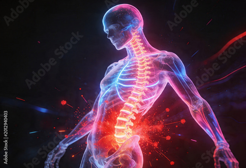 Human skeleton anatomy with glowing spine and lower back pain, nerve ache, sciatica inflammation and health problems, woman suffering.