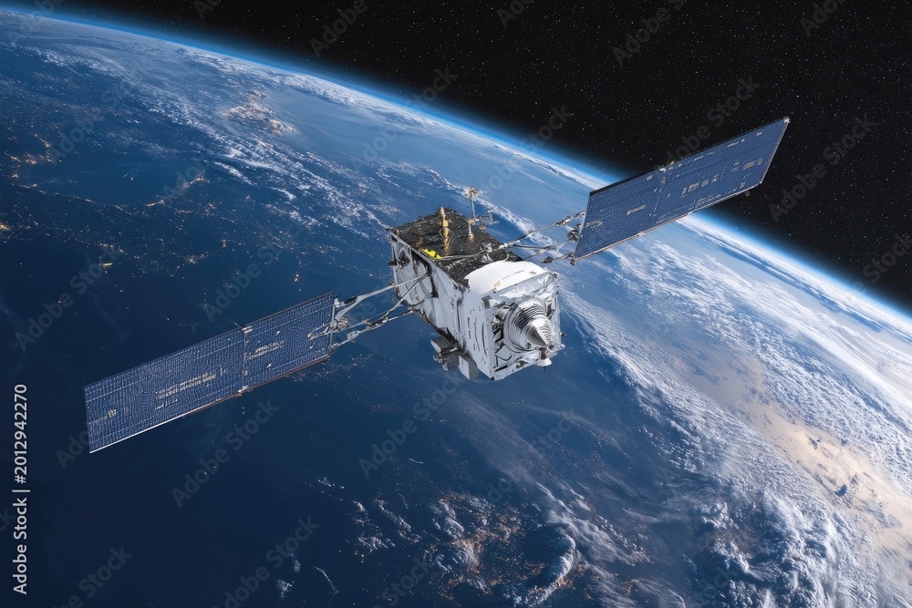 Fototapeta premium Satellite orbiting Earth with solar panels extended during day over illuminated city lights