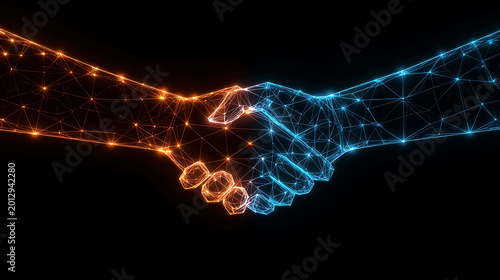 neon handshake between two people made of glowing lines and dots on black background