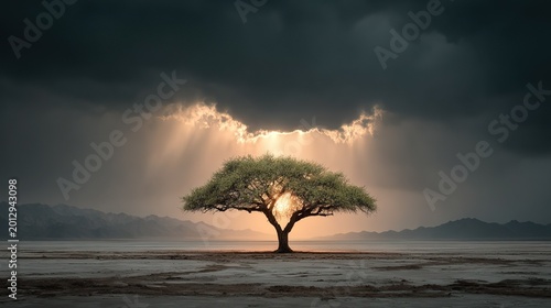 Lone Tree Standing in Desolate Mudflat, Golden Crepuscular Rays Piercing Dark Storm Clouds, Distant Mountain Range Backdrop