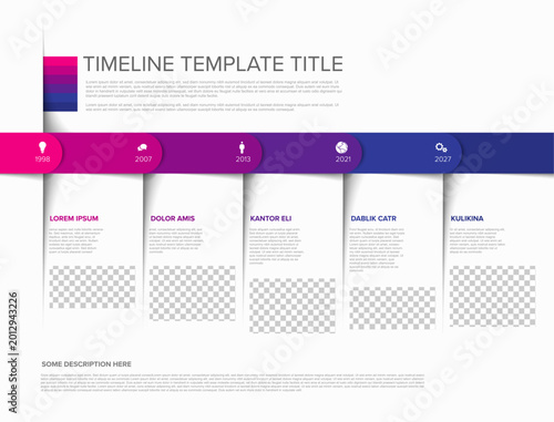 Professional infographic timeline featuring a clean layout for business presentations with photo placeholders. This timeline provides a clear horizontal progress bar with infographic elements for data