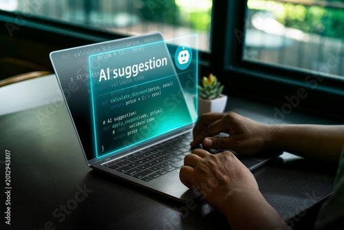 Person using laptop with AI code suggestion overlay