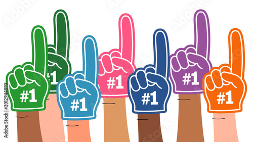 Fotografie Diverse hands holding number one foam fingers colorful illustration on white bac