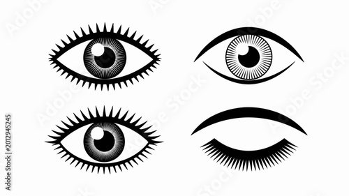 Tableau sur toile Stylized black eye illustrations with long eyelashes on a white background high