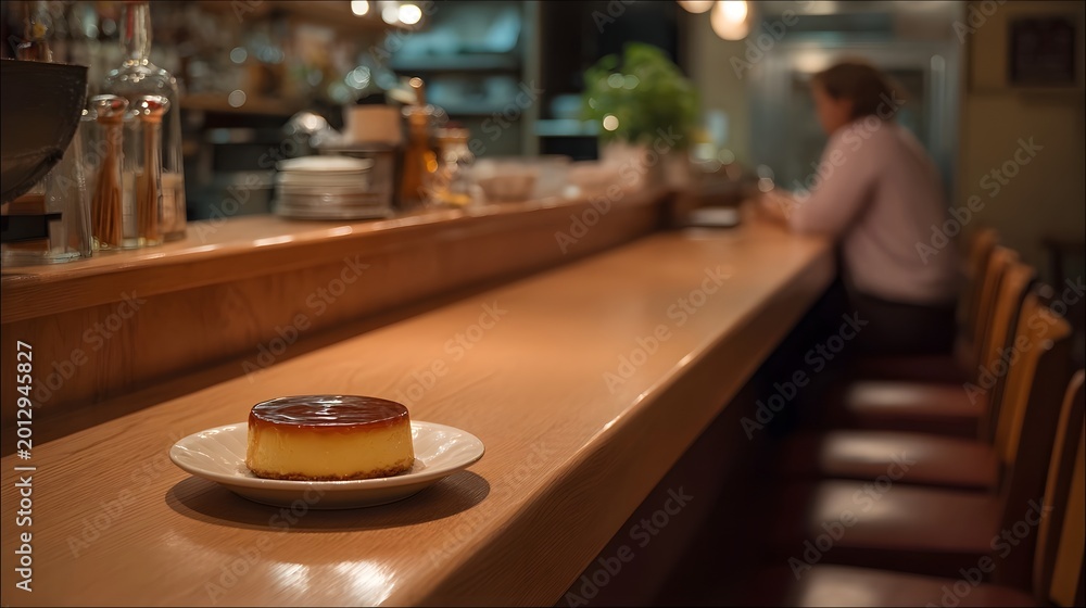 Fototapeta premium A caramel dessert plate rests on a warm wooden bar counter in a cozy professional dining setting