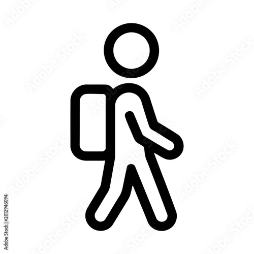 Vector icon of a student or traveler walking with a backpack, simple line art style illustration representing education or tourism