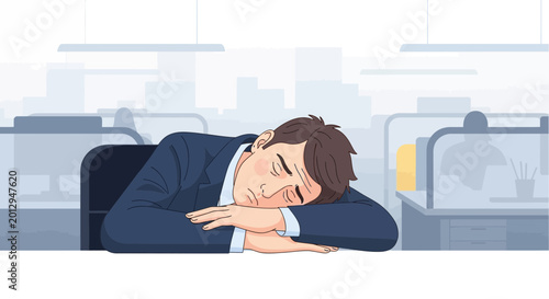 Exhausted Businessman Sleeping at His Desk Indicating Burnout or Workplace Stress