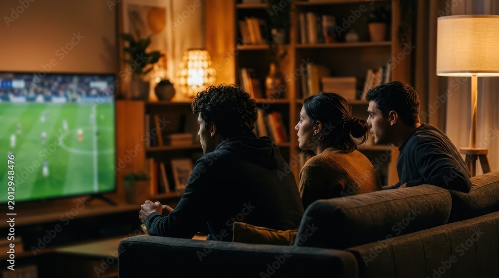 Fototapeta premium Three friends on a sofa, seen from the side, intensely watching a blurred soccer match on TV. Captures tension and concentration.