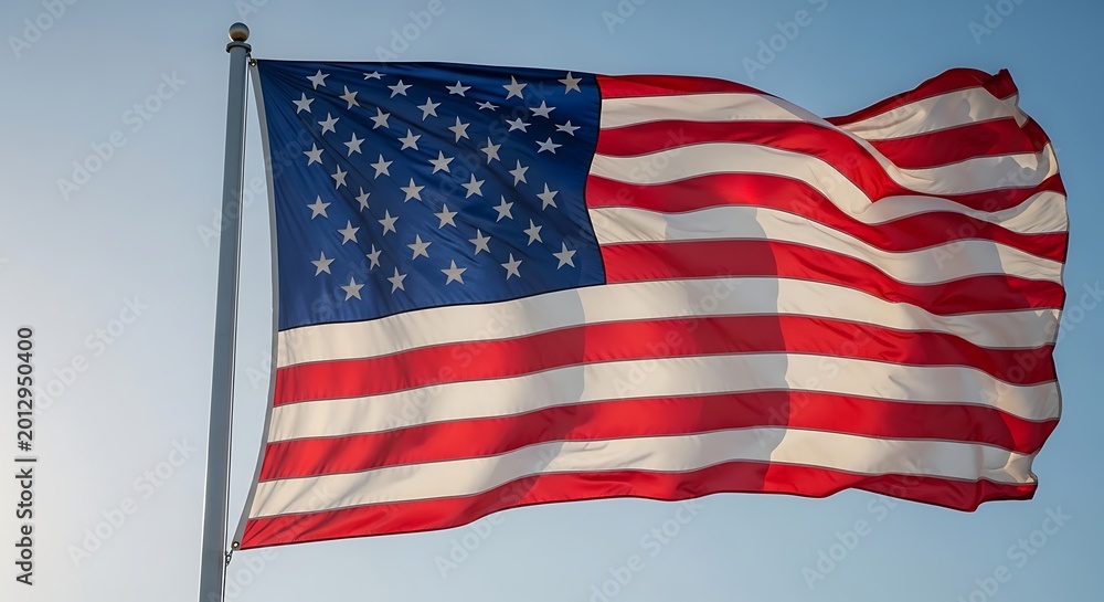 Fototapeta premium Waving United States of America Flag Against a Clear Blue Sky on a Sunny Day